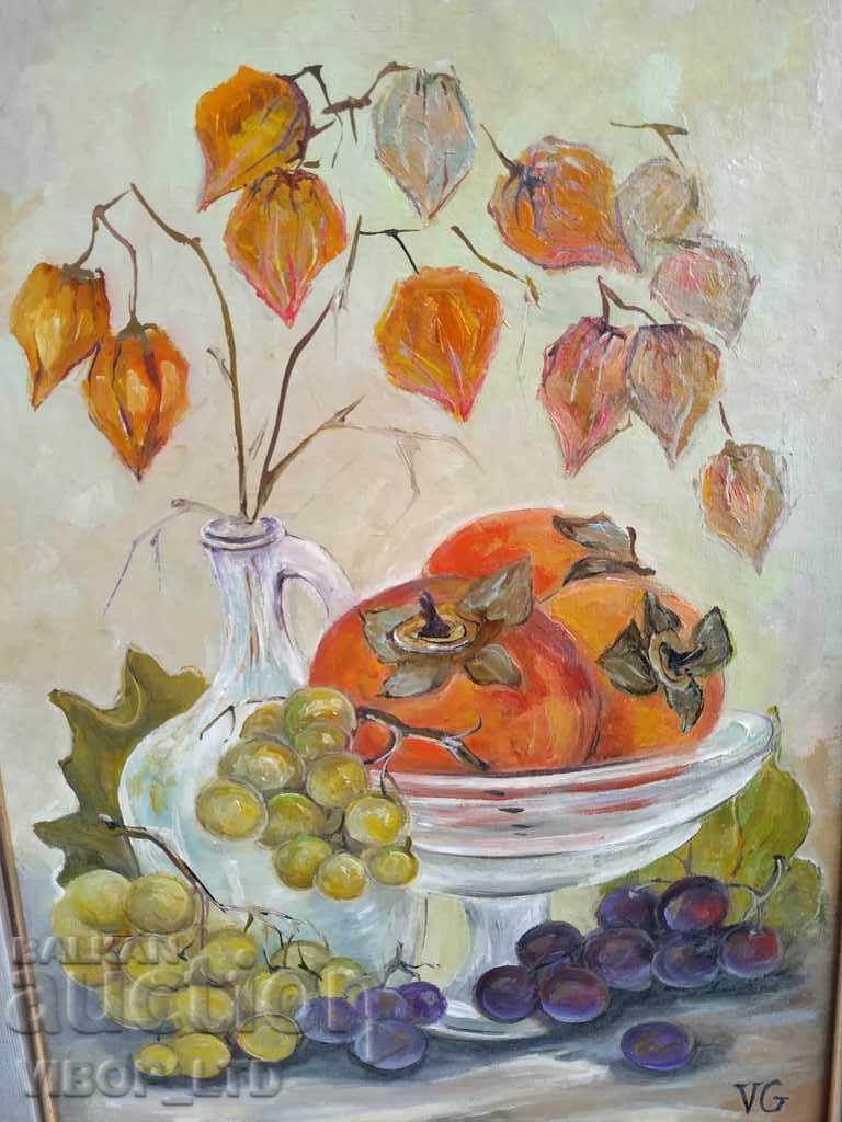 STILL LIFE with grapes and paradise apple oil canvas frame signature