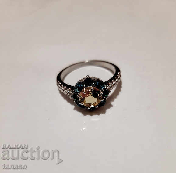 Ring with citrine and emeralds, polished Tibetan silver