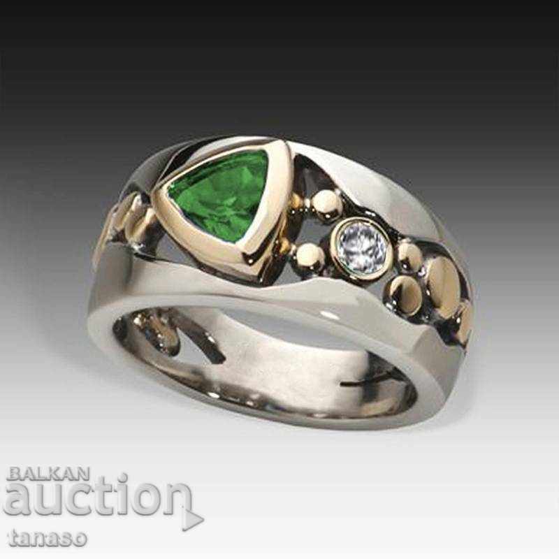 Women's Silver Plated Two-tone ring with emerald