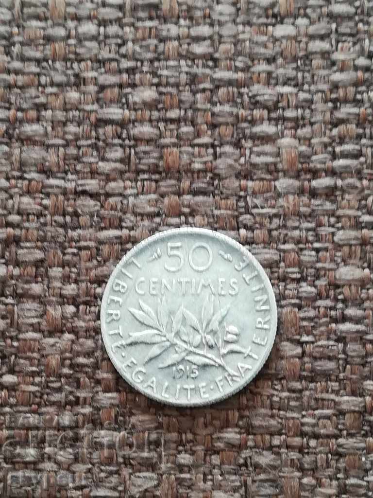 50 centimes 1915 France-silver