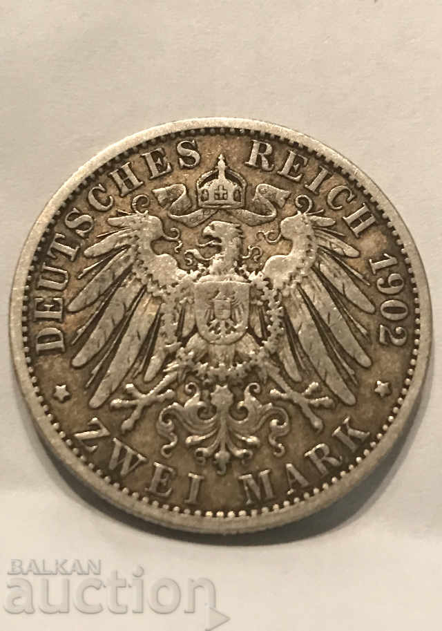 Германия империя Прусия 2 марки 1902 сребро