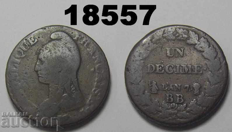 Франция Un DECIME 1798 Lan 7 BB монета голяма