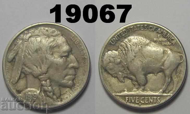 RR!! САЩ 5 цента 1919 S VF+ Рядка