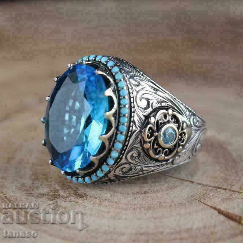 Men's ring with aquamarine and zircons