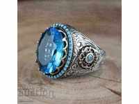 Men's ring with aquamarine and zircons