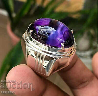 Inel barbatesc cu ametist violet, cabochon