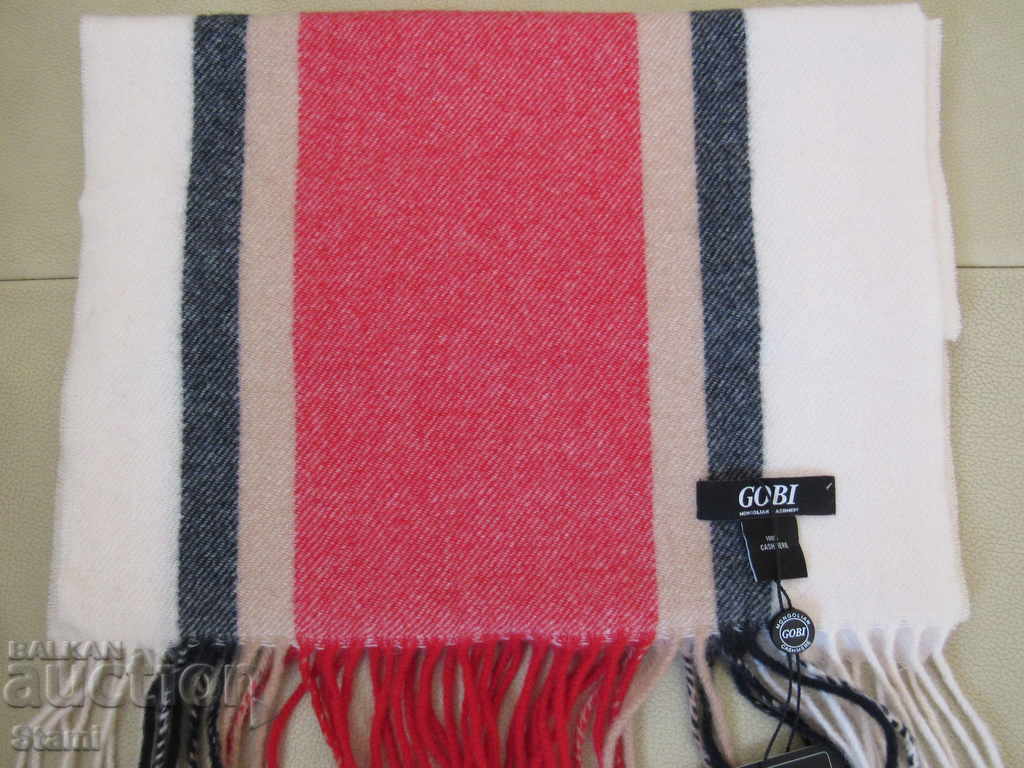 Eșarfă fină 100% cașmir, dungi albe și roșii, Mongolia - 5