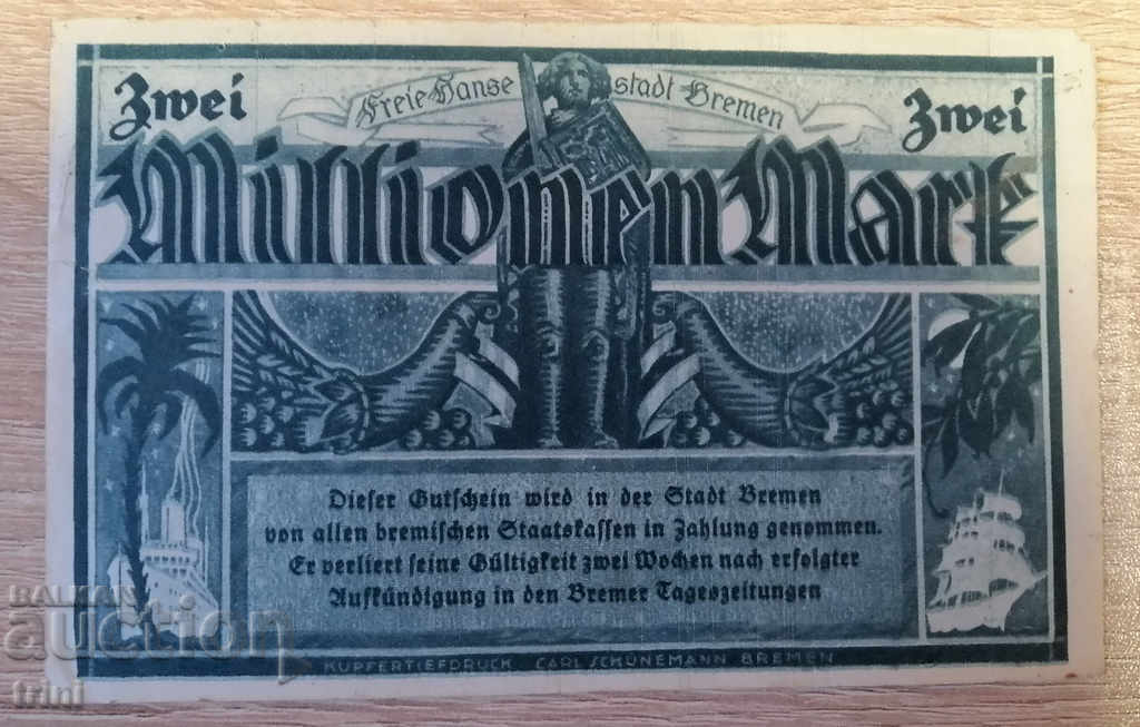 2 million marks 1923 Bremen a25 with price 45.00 BGN | € 23.01 2 million marks 1923 Bremen a25 with price 45.00 BGN | € 23.01