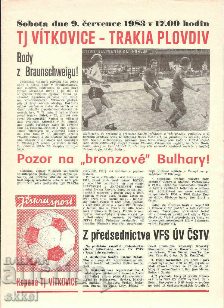 Program de fotbal Vitkovice - Tracia Plovdiv Botev 1983