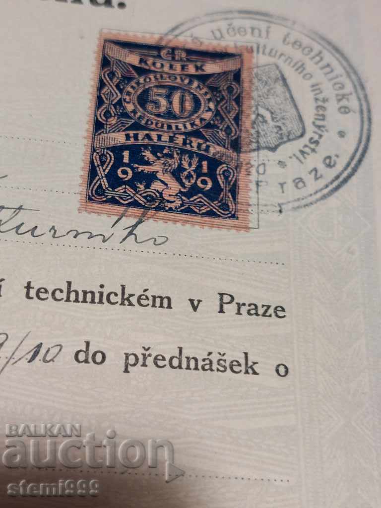 Certificat de realizare Republica Cehă 1919 cu preț 15.80 BGN | € 8.08