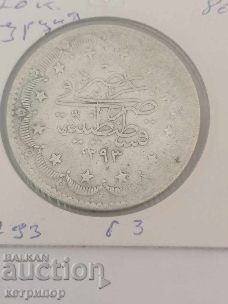 Licitație 20 kurusha 1293/3 Turcia argint otoman
