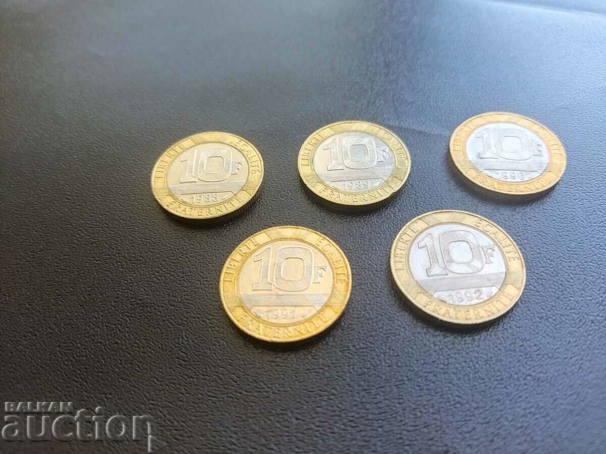 France 5 x 10 francs 1988, 89, 90, 91 and 92. with price 15.00 BGN | € 7.67 France 5 x 10 francs 1988, 89, 90, 91 and 92. with price 15.00 BGN | € 7.67