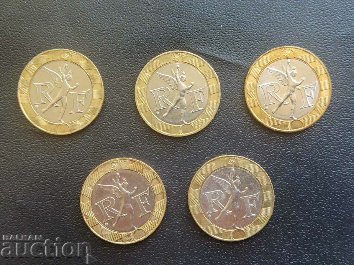 Delivery of France 5 x 10 francs 1988, 89, 90, 91 and 92. Delivery of France 5 x 10 francs 1988, 89, 90, 91 and 92.