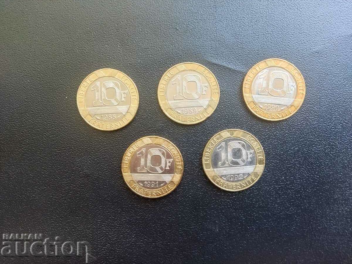 France 5 x 10 francs 1988, 89, 90, 91 and 92.