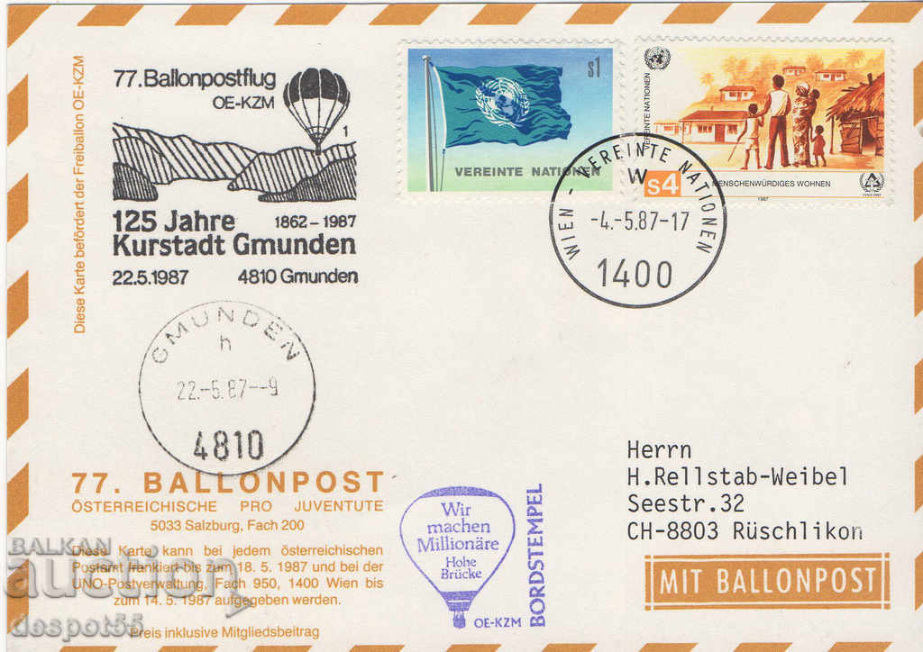 1987. Austria. Poștă cu balon. Card.