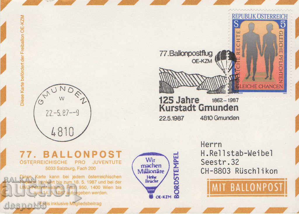 1987. Αυστρία. Ταχυδρομείο με μπαλόνι. Κάρτα.