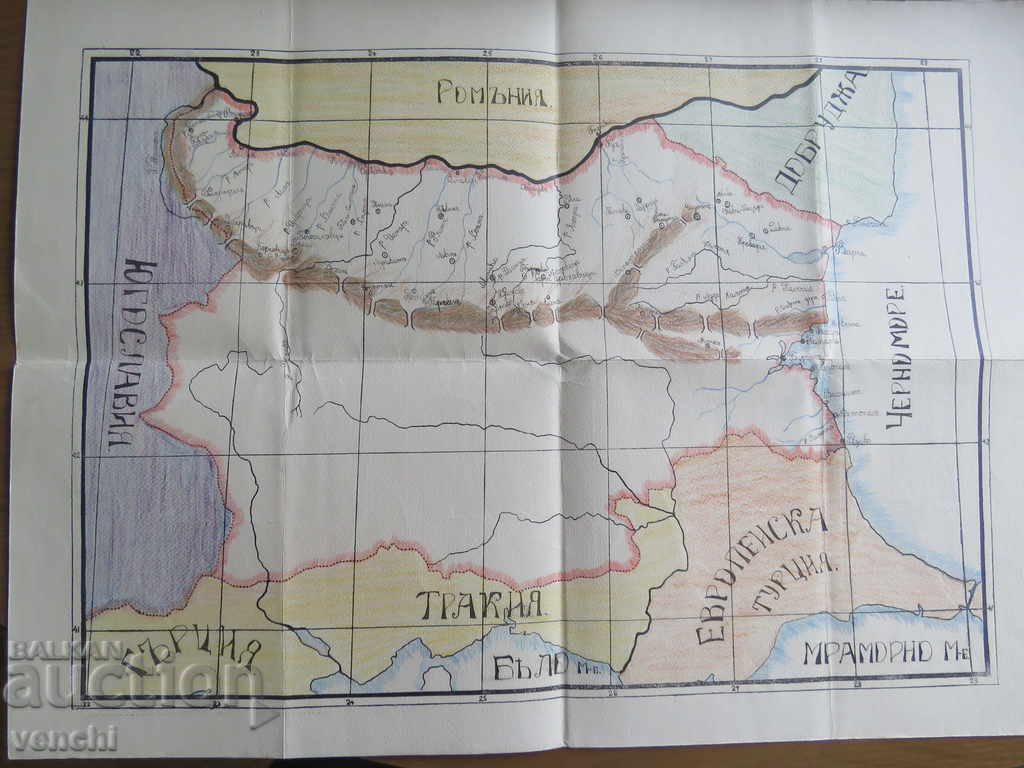 BULGARIA MAP - PAINTED - LARGE - 1930s +