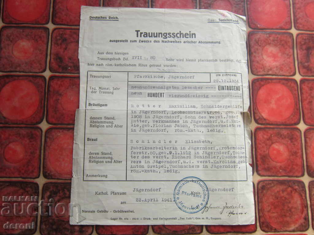 Auction Old German document Marriage contract 3 Reich Auction Old German document Marriage contract 3 Reich