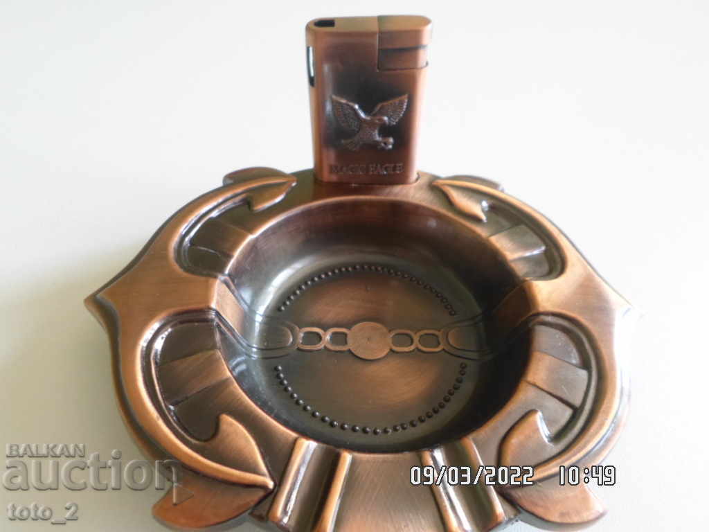 OLD Brass Ashtray + lighter /set/