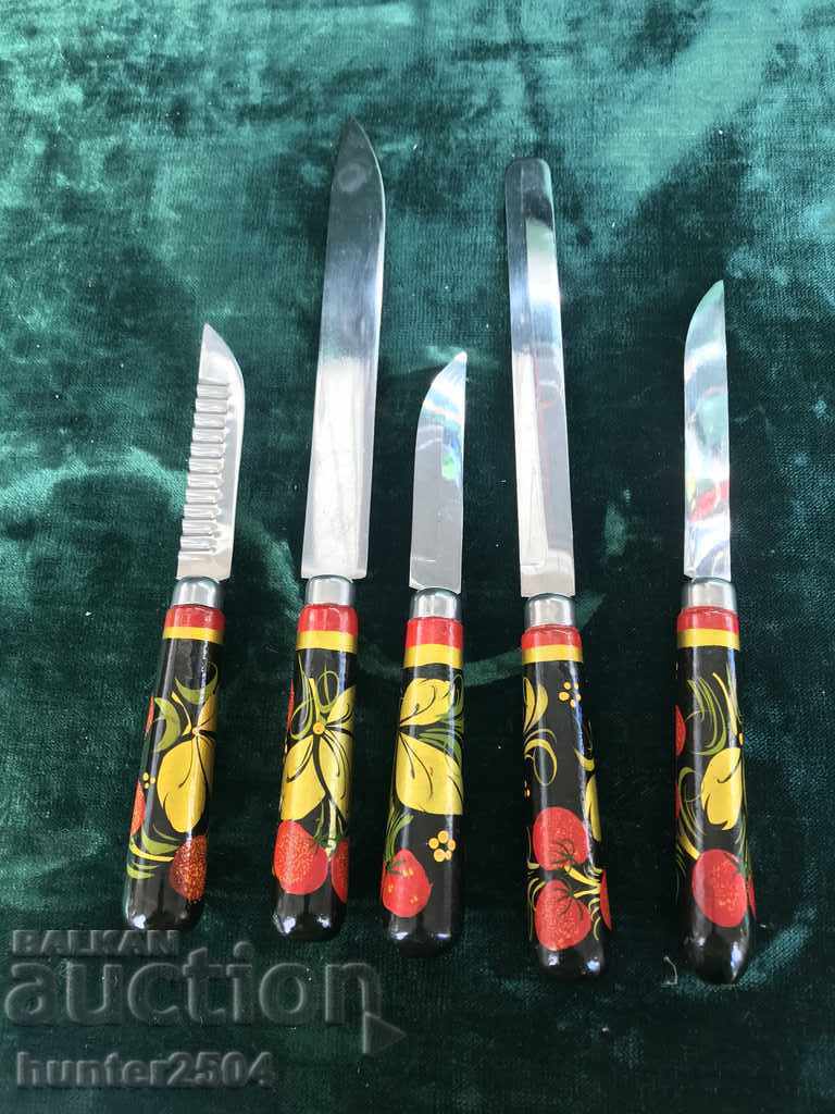 Kitchen knives, stainless, decorated handles - 5 pcs