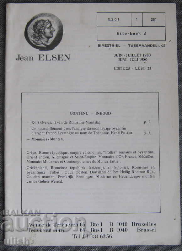 1980 Jean Elsen broșură catalog monede prețuri de licitație în Bizanț