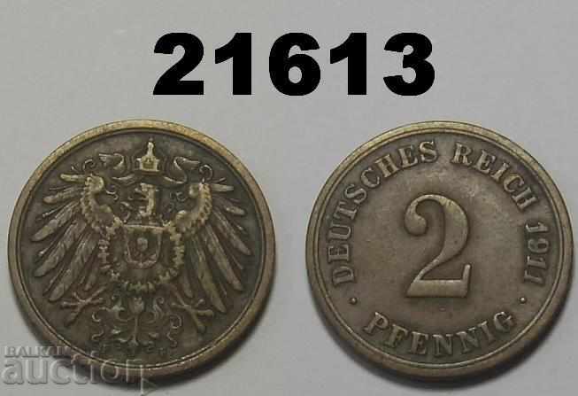 Германия 2 пфенига 1911 F