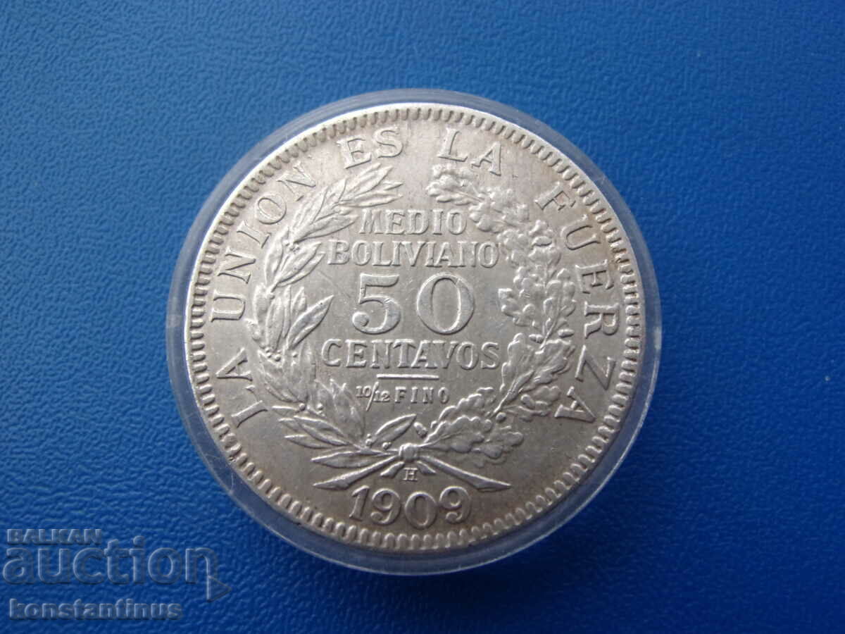 Боливия 50 Центаво 1909 Сребро UNC Rare с цена € 61.36 | 120.01 лв.