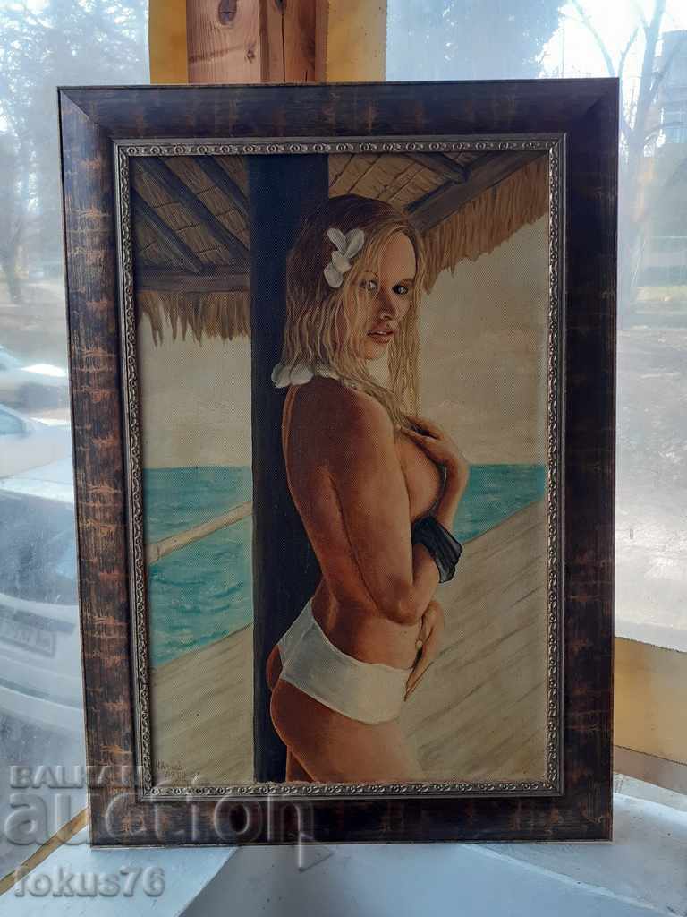 Picture "Girl" oil on canvas signature frame