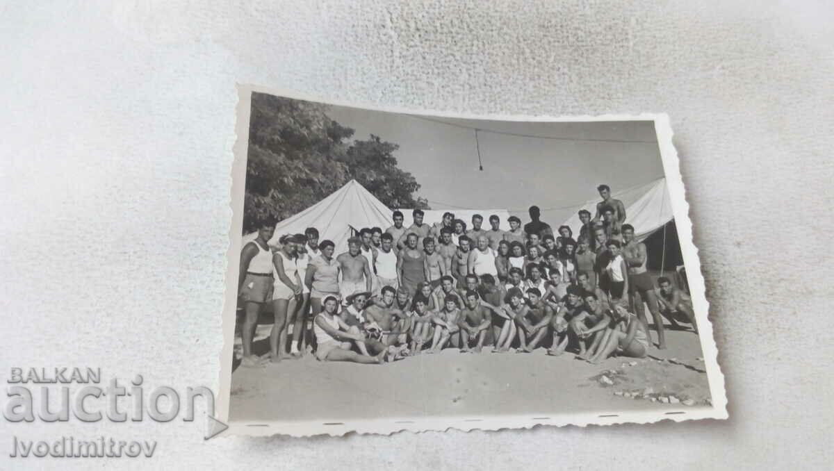 Photo Nessebar A large group of vacationers in front of tents 1956