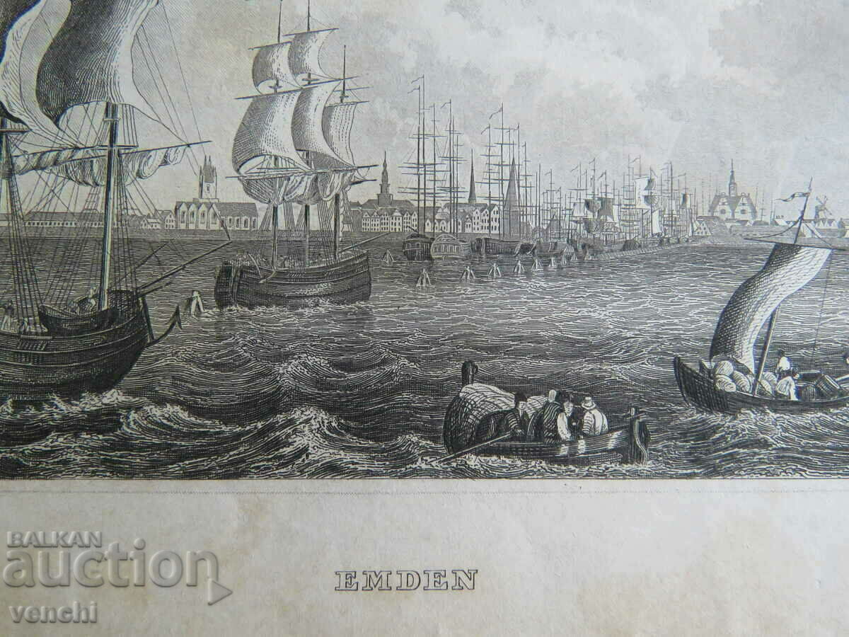Licitație 1886 - GRAVURĂ VECHE - EMDEN - GERMANIA - NAVE +