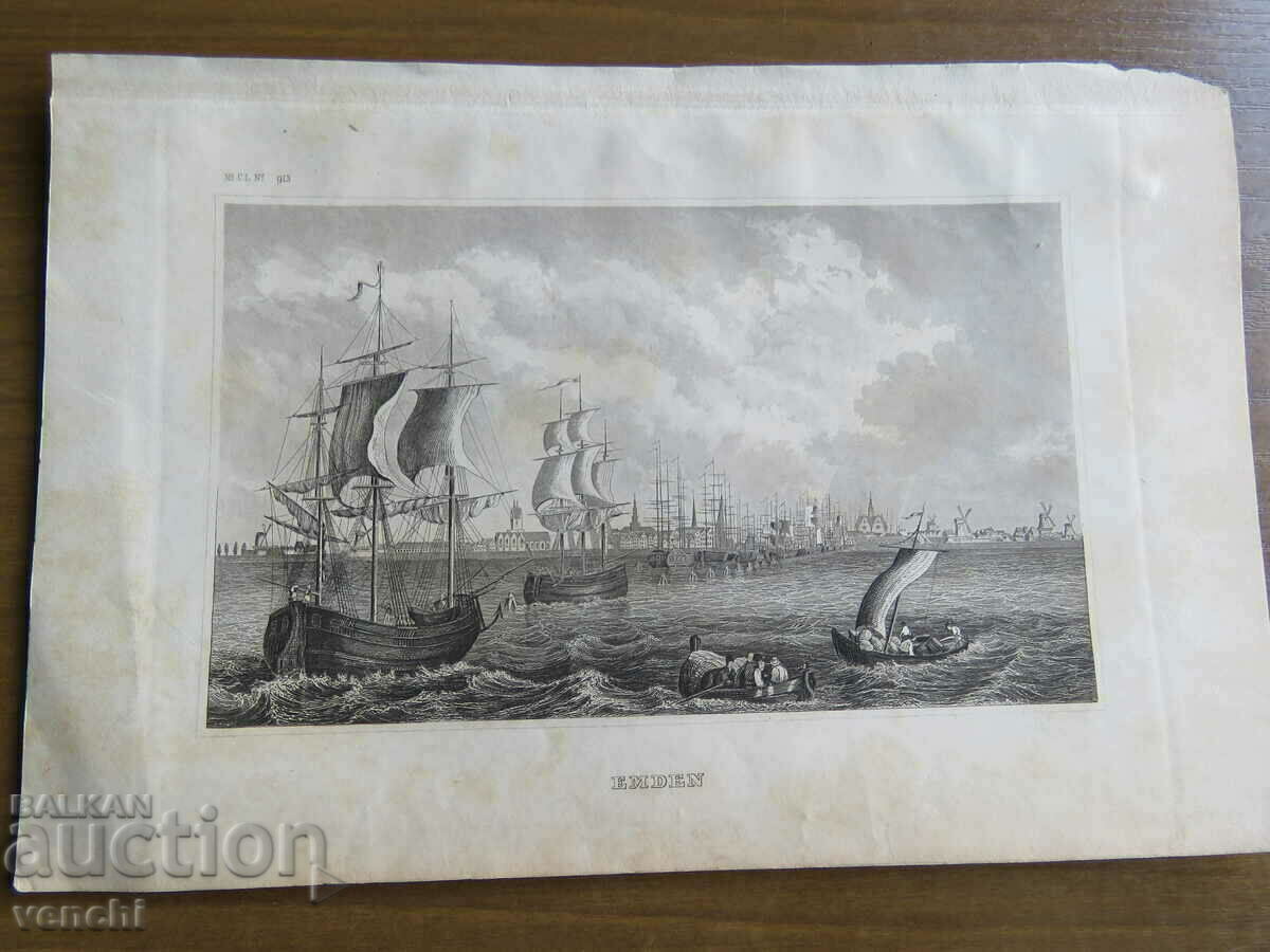1886 - GRAVURA VECHE - EMDEN - GERMANIA - NAVE