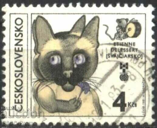 Stamped brand Cat Illustration 1981 from Czechoslovakia