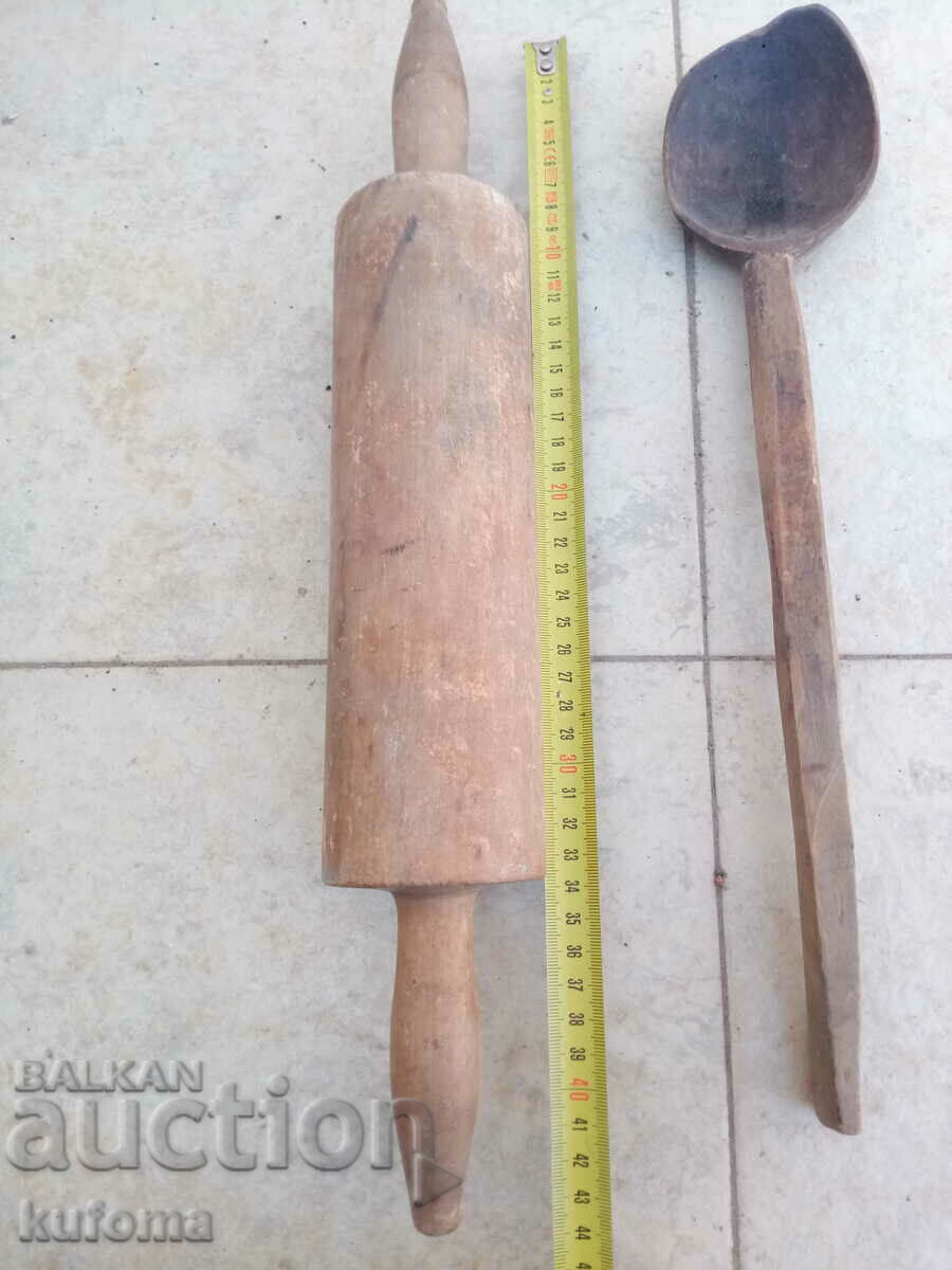 Old rolling pin and spoon with price 24.99 BGN | € 12.78 Old rolling pin and spoon with price 24.99 BGN | € 12.78