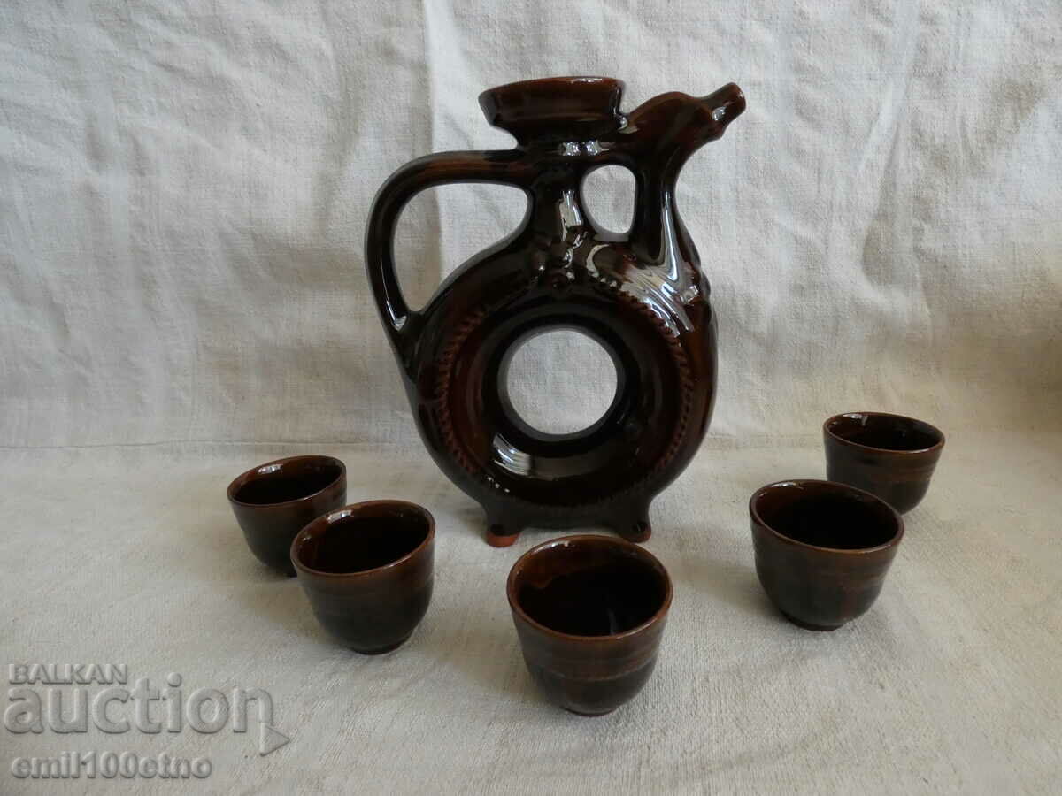 Set for heated brandy Kana with 5 cups of Bulgarian ceramics