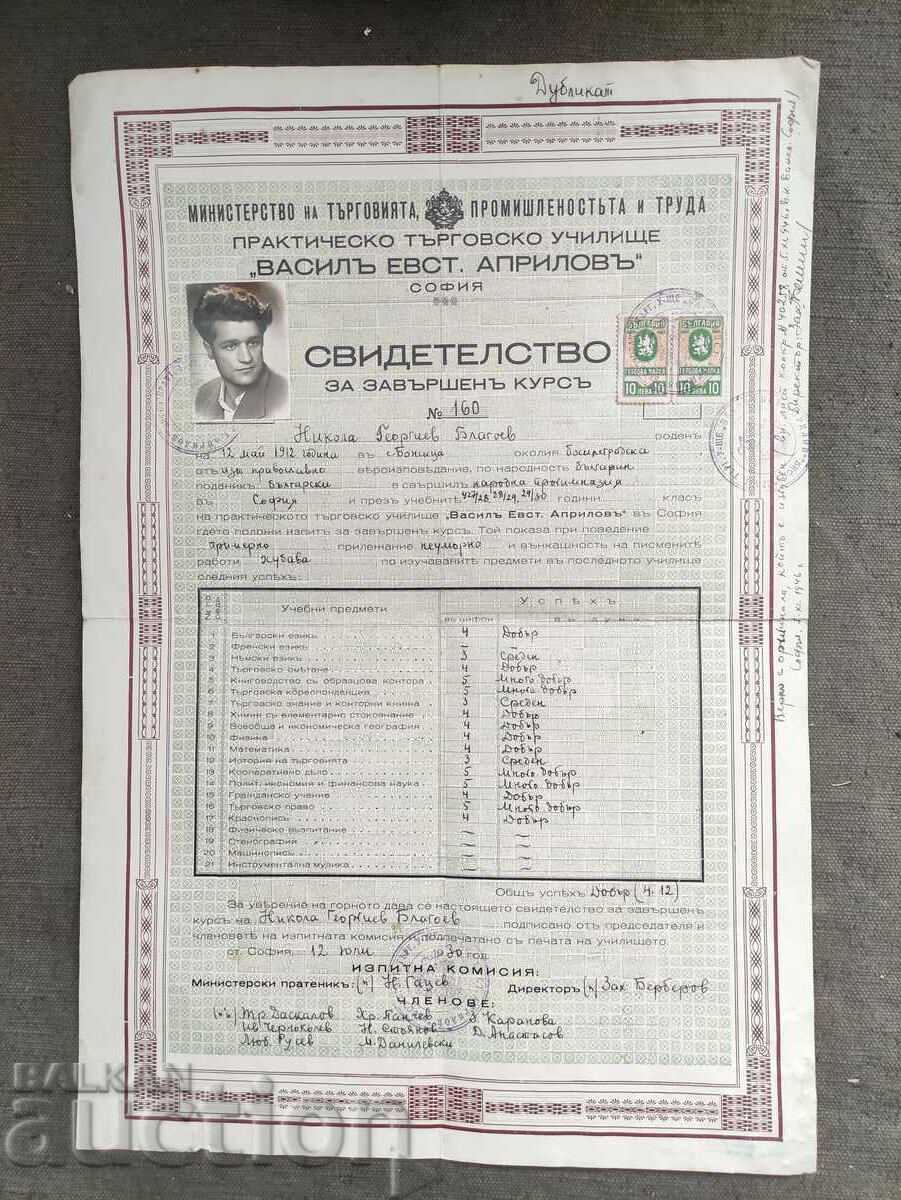 Certificat al Liceului Vasil Aprilov Sofia