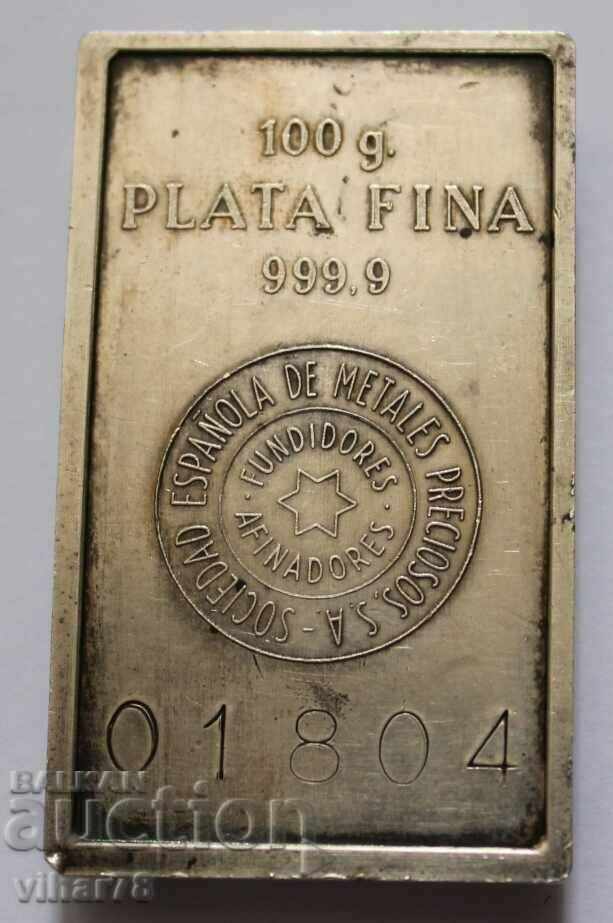 100 g silver bar, sample 999.9 with price 449.99 BGN | € 230.08 100 g silver bar, sample 999.9 with price 449.99 BGN | € 230.08