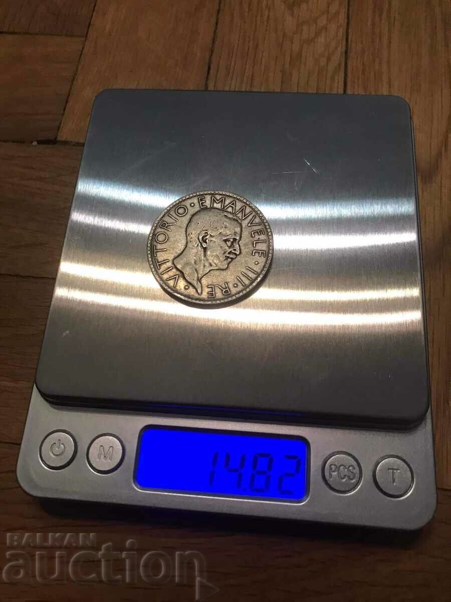 Auction  Italy 20 pounds 1927 Rome Vittorio Emanuele lll rare silver