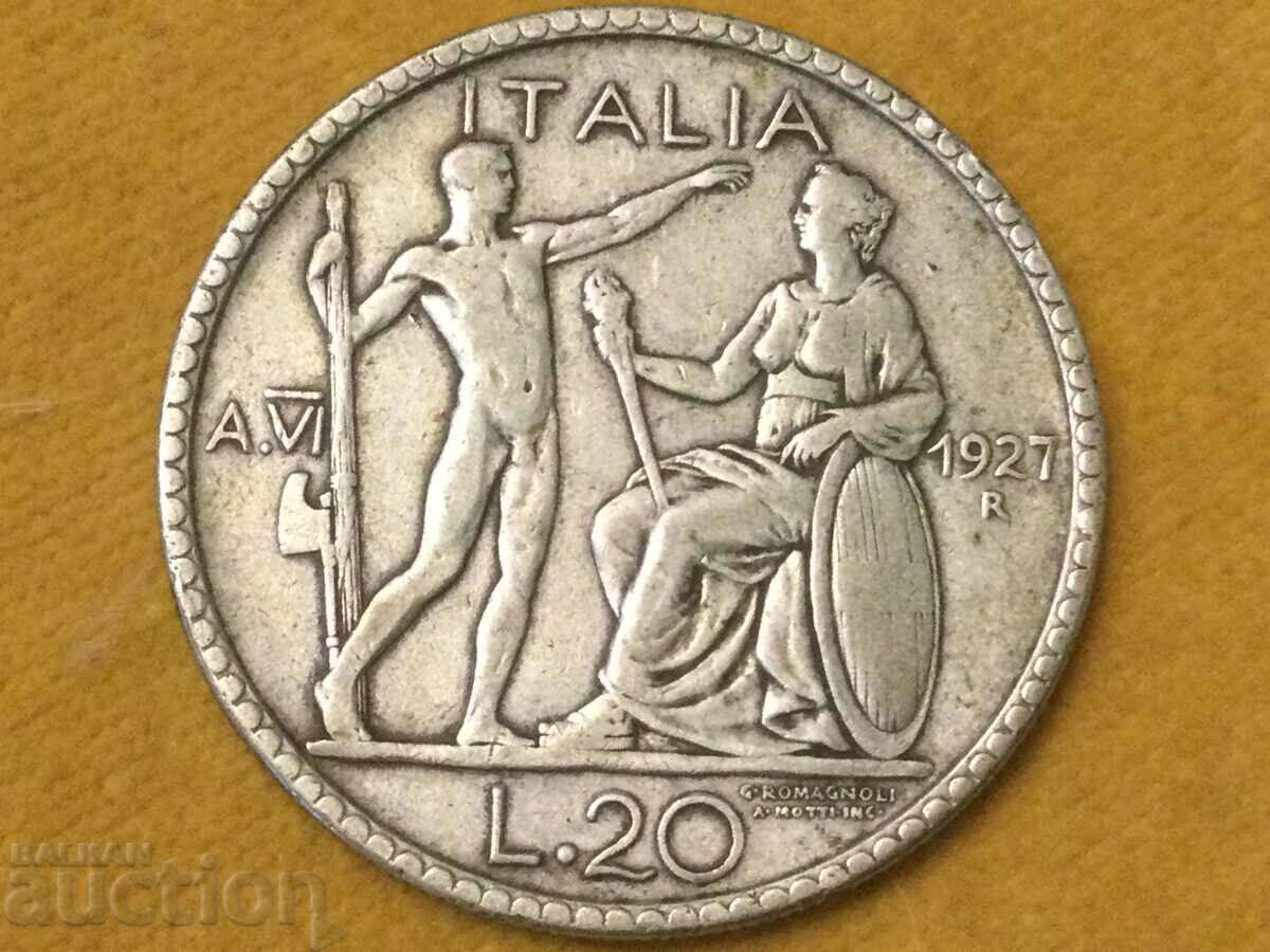 Италия 20 лири 1927 Рим Виторио Емануеле lll рядка сребърна