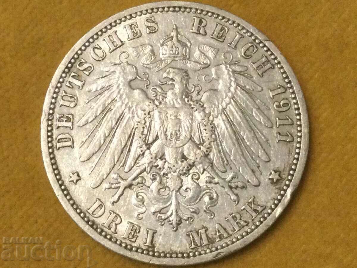 Германия Прусия 3 марки 1911 A Вилхелм ll сребро