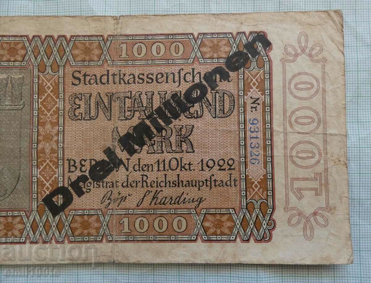 Licitație 3 milioane de mărci 1922 Germania 1000 de mărci notgeld Berlin