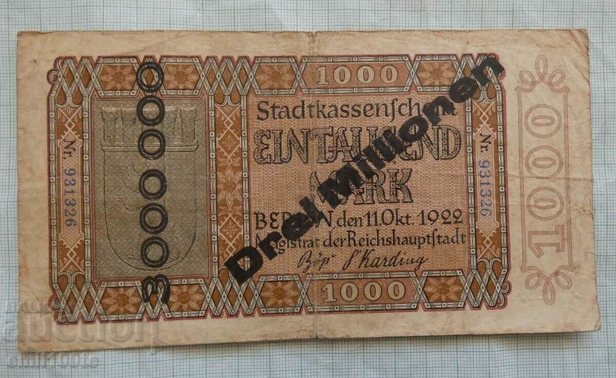3 милиона марки 1922 г. Германия  1000 марки нотгелд Берлин
