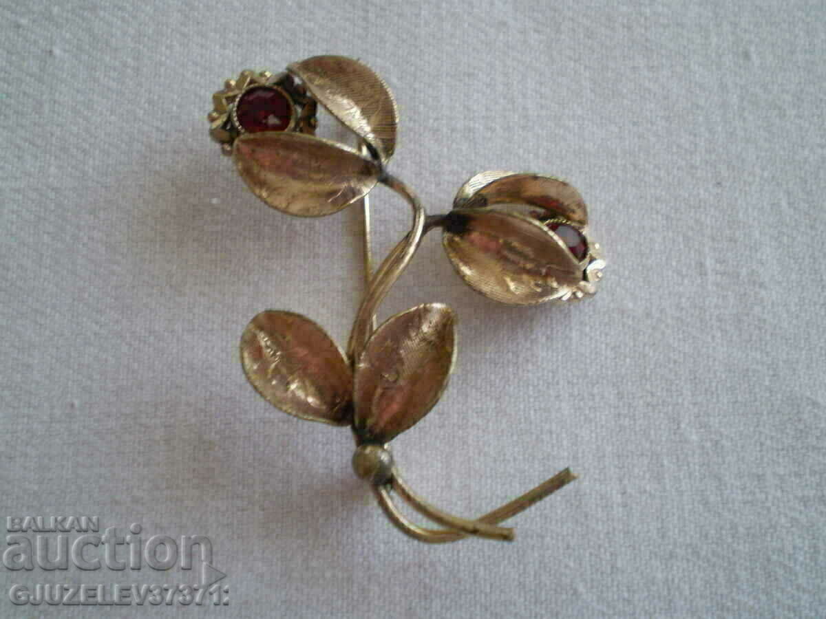 стара брошка цвете от дубле със червен кристал - 5