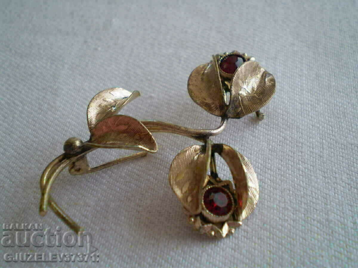 стара брошка цвете от дубле със червен кристал - 7