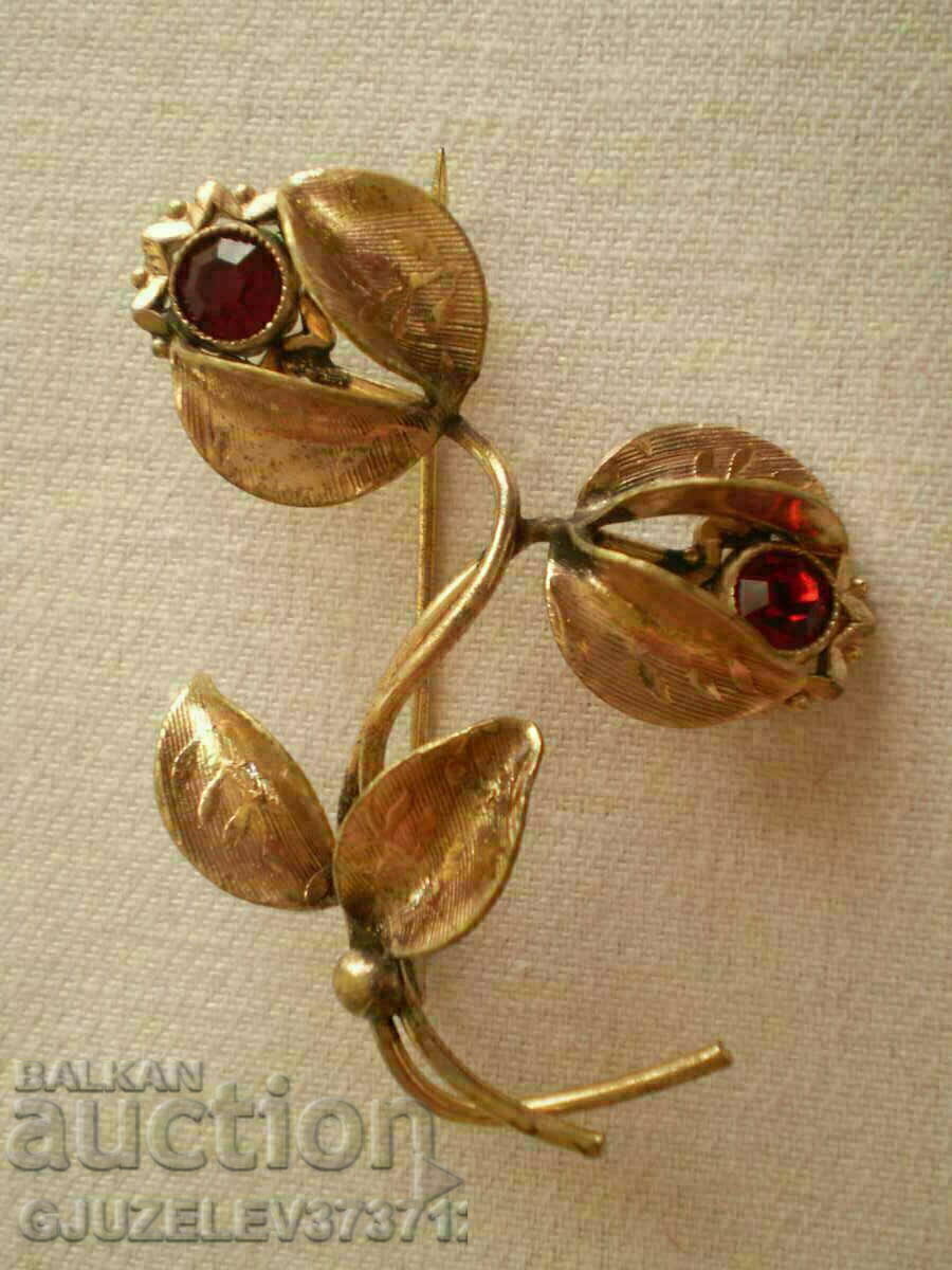 old double brooch flower with red crystal