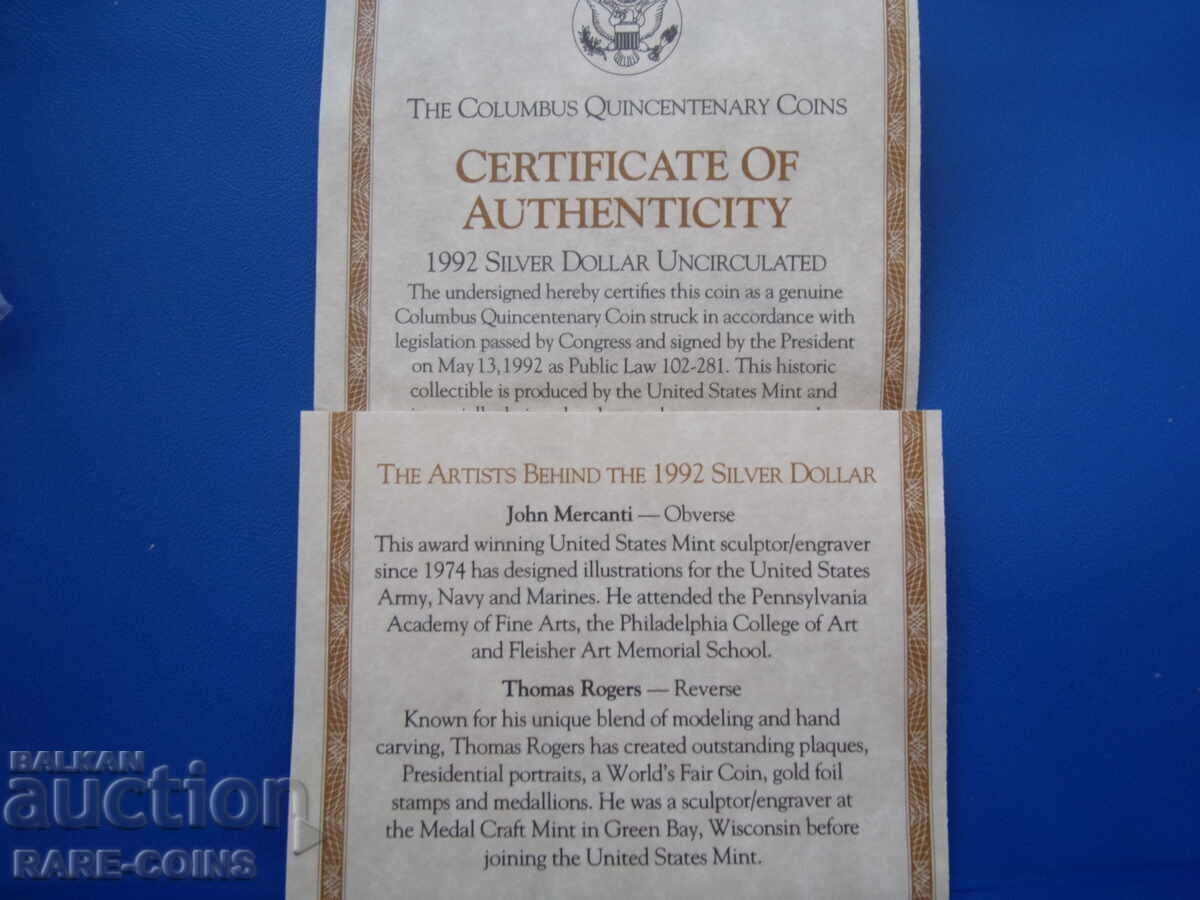 Livrarea Statele Unite ale Americii 1 dolar 1992 D UNC Rare Original