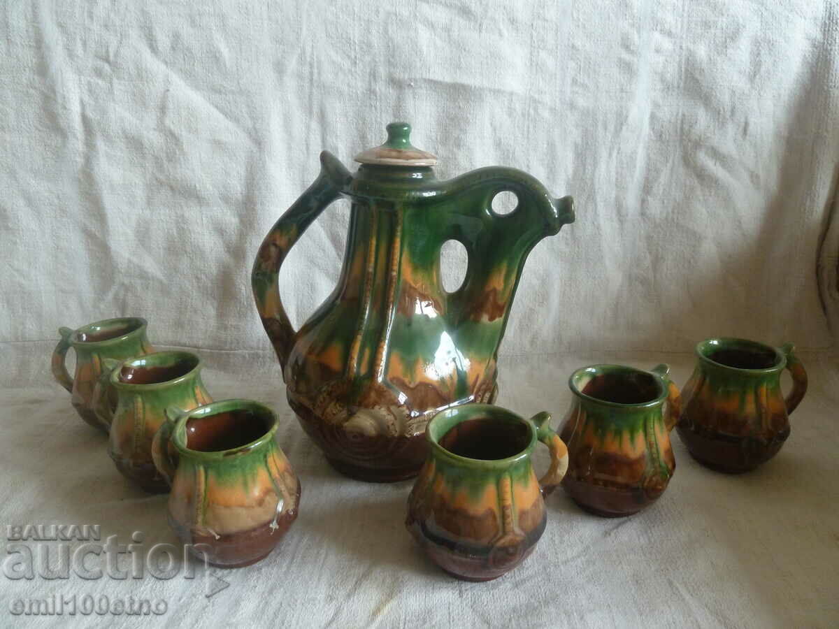 Set for mulled brandy or wine - Jug with 6 glasses - ceramics