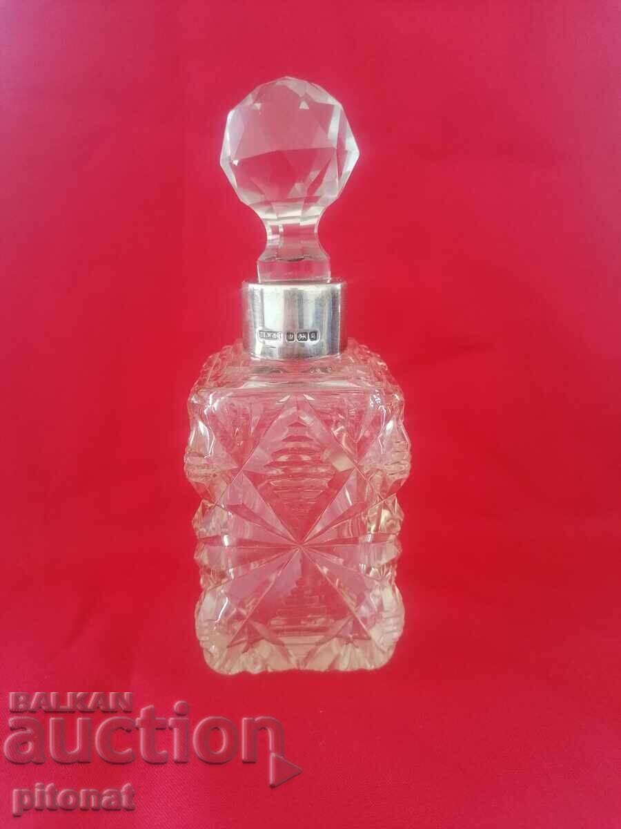 Sticla de parfum antica din cristal si argint