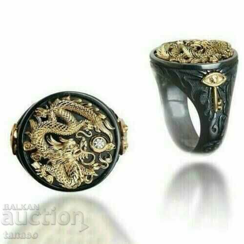 Men's black ring with dragon and topaz