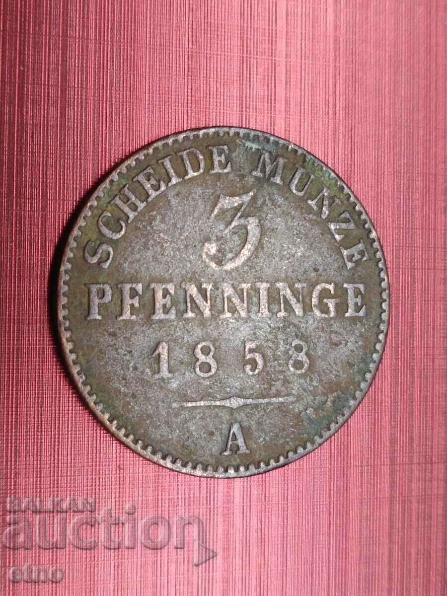 3 PFENNINGS 1858 A Prussia, GERMANY