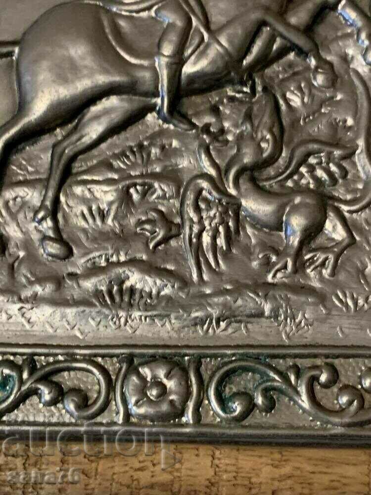 Delivery of Ancient Greek silver-plated icon - St. George Delivery of Ancient Greek silver-plated icon - St. George